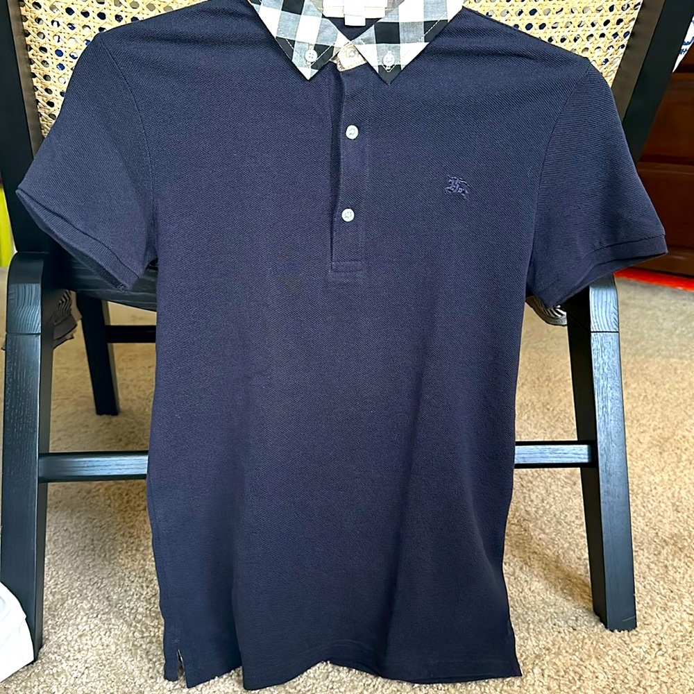 Burberry Blue Check Collar Cotton Polo Shirt